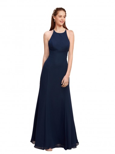 Best High Halter Fit and Flare Long Chiffon Prom Dress with Criss Cross Low Back