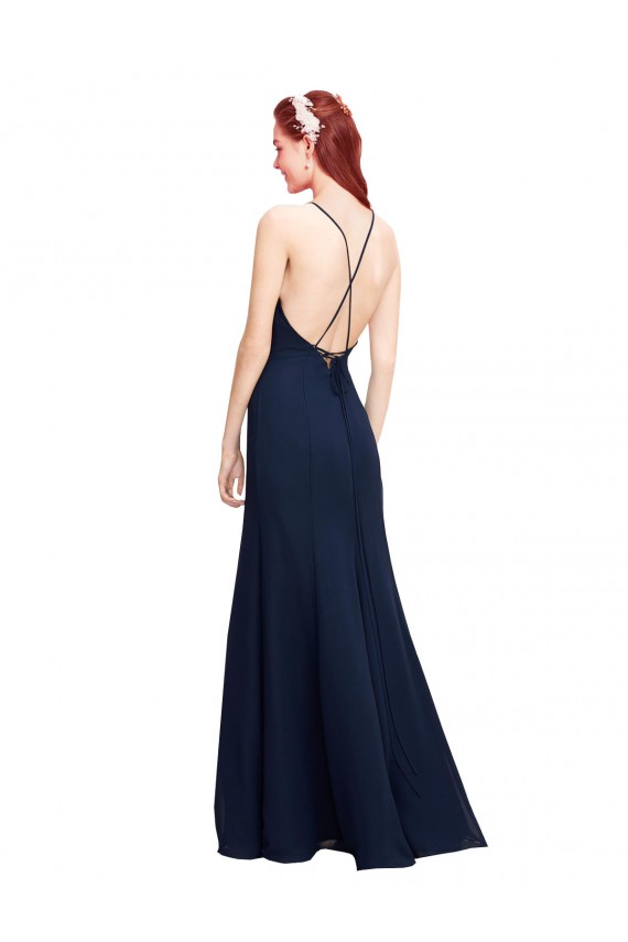 Best High Halter Fit and Flare Long Chiffon Prom Dress with Criss Cross Low Back