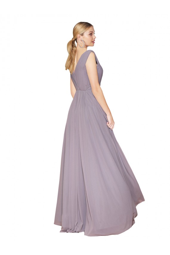Best Draped Floor Length High Neck V-Back Chiffon Prom Dress with Shirred Bodice