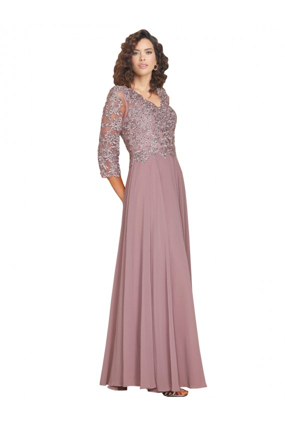 Best Hand-Beaded Bodice V-Neckline Long Sleeves Chiffon Prom Dress