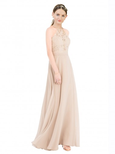 Best High Halter Neck Illusion Lace Prom Dress with Chiffon Skirt and Keyhole Back