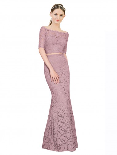 Best Short Sleeves Crop Top Mermaid Lace Prom Dress