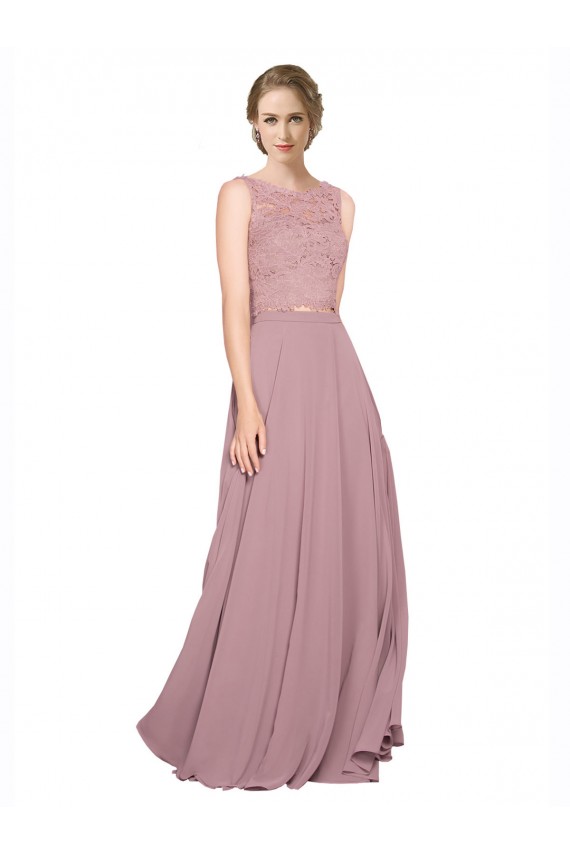 Best Long A-Line Chiffon Prom Dress with Sleeveless Lace Crop Top