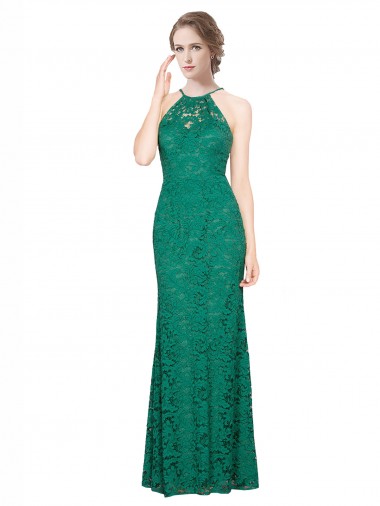 Best High Illusion Halter Neck Long Lace Prom Dress