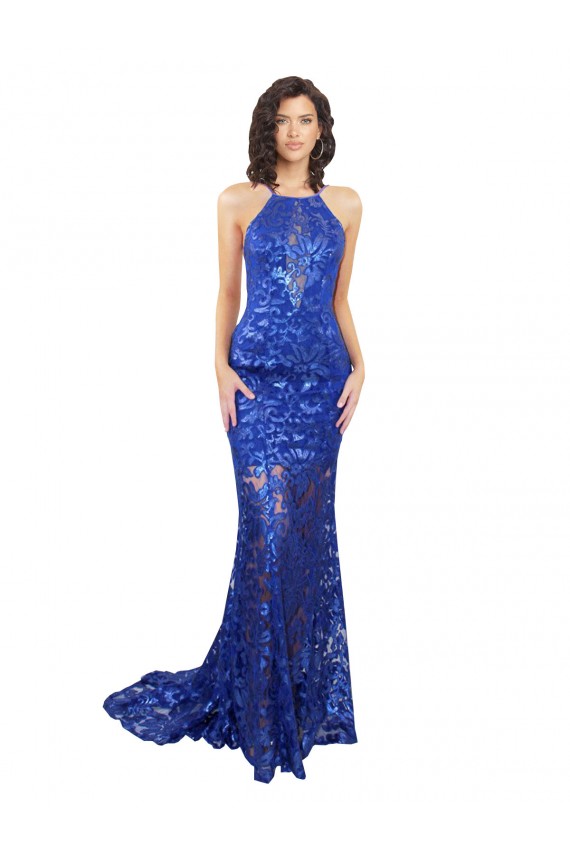 Best High Neck Long Open Back Lace Prom Dress with Train