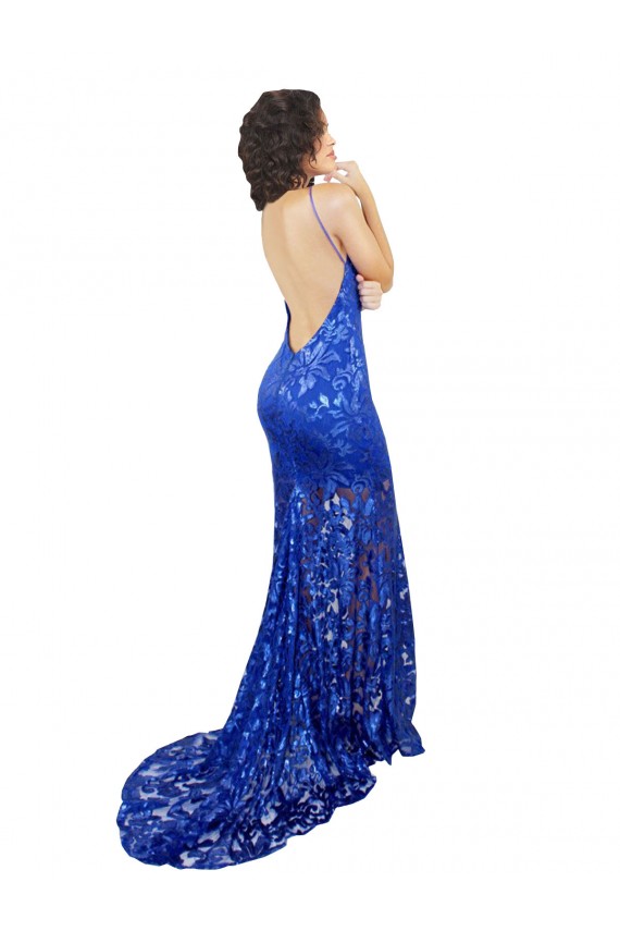 Best High Neck Long Open Back Lace Prom Dress with Train