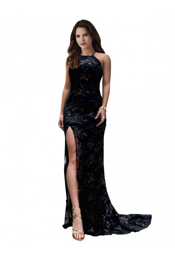 Best High Neckline Lace Open Back Prom Dress with High Slit
