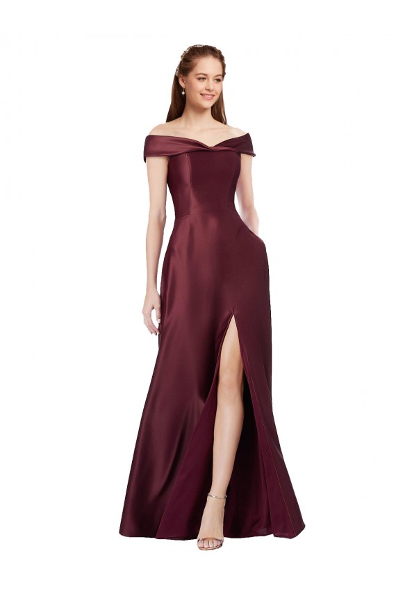 Best Long Off the Shoulder Satin Prom Dress with Thigh-high Slit