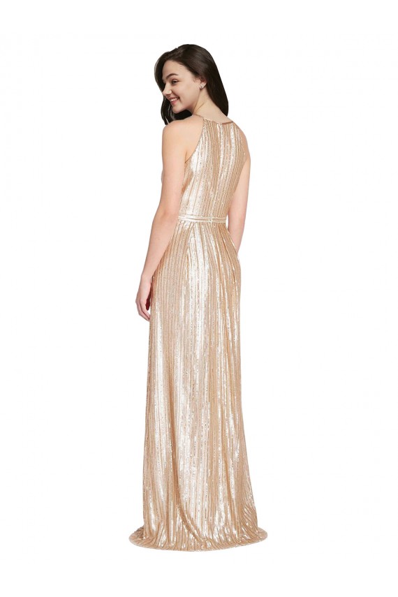 Best Floor Length Halter Neck Sparkling Sequin Prom Dress with Pleats