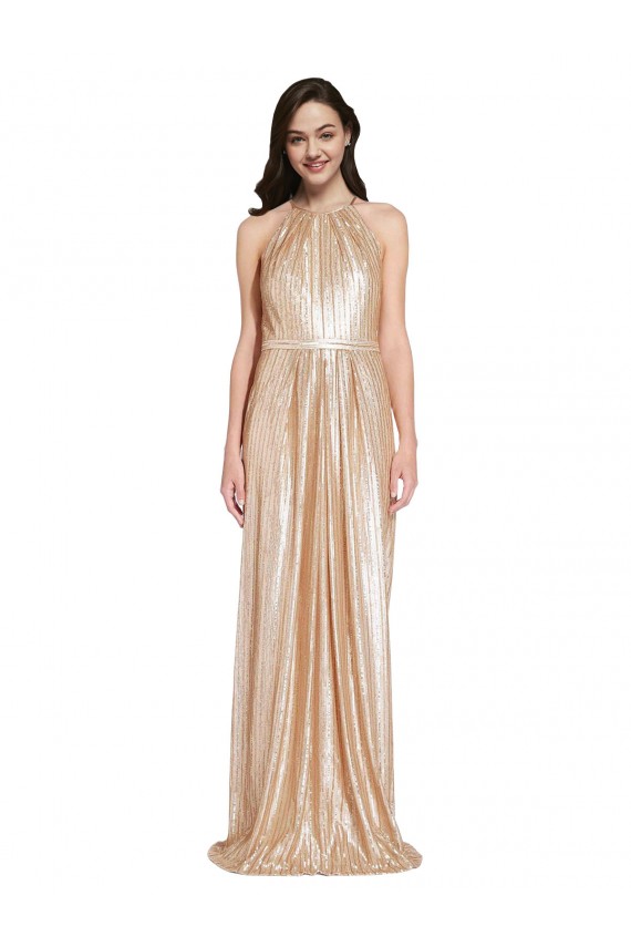Best Floor Length Halter Neck Sparkling Sequin Prom Dress with Pleats