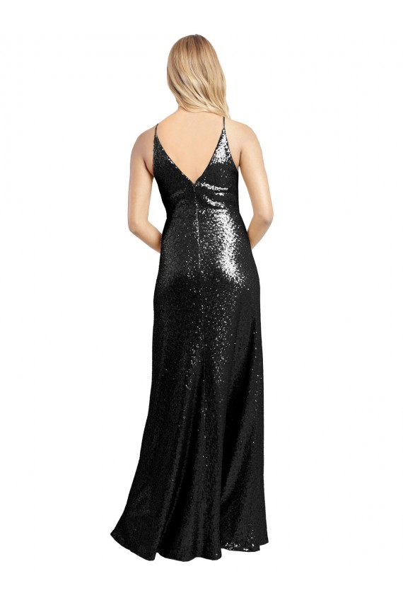 Best Full Length A-Line Sequin Prom Dress with Spaghetti Straps V-Neckline