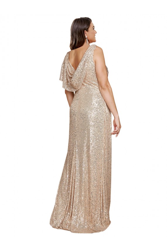 Best Deep V-Neck Sleeveless Sparkling Sequin Prom Dress with Draped Cowl Back