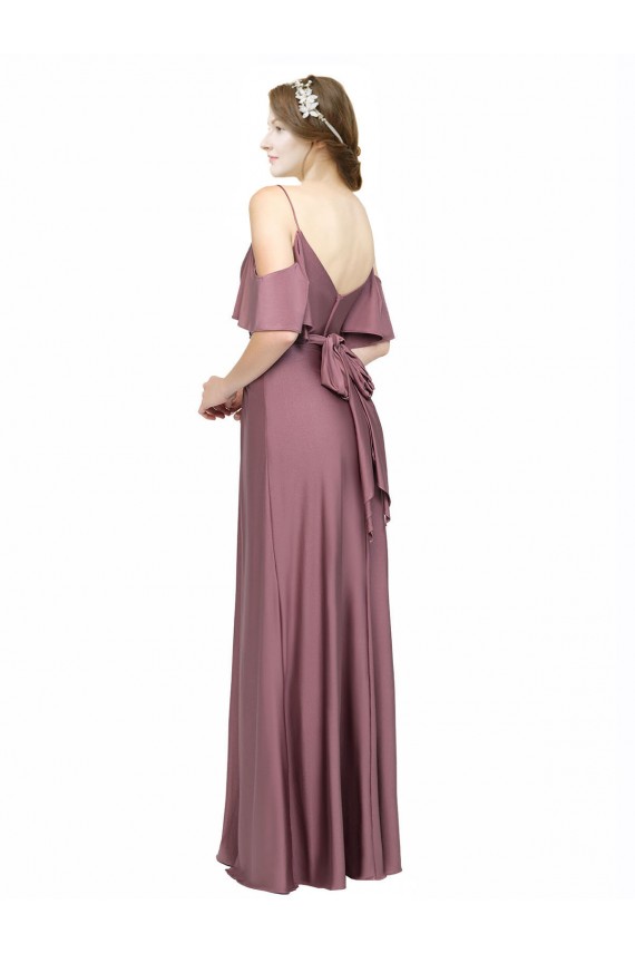 Best Draped Cold Shoulder Sleeves Long Silky Satin Prom Dress with Slit and Tie Back