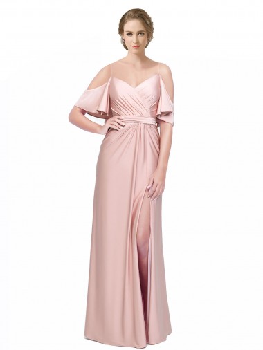 Best Draped Cold Shoulder Sleeves Long Silky Satin Prom Dress with Slit and Tie Back