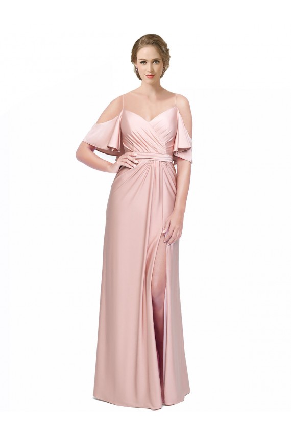 Best Draped Cold Shoulder Sleeves Long Silky Satin Prom Dress with Slit and Tie Back