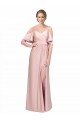 Best Draped Cold Shoulder Sleeves Long Silky Satin Prom Dress with Slit and Tie Back