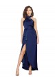 Best Full Length High Neck Wrap Silky Satin Prom Dress with Waist Tie