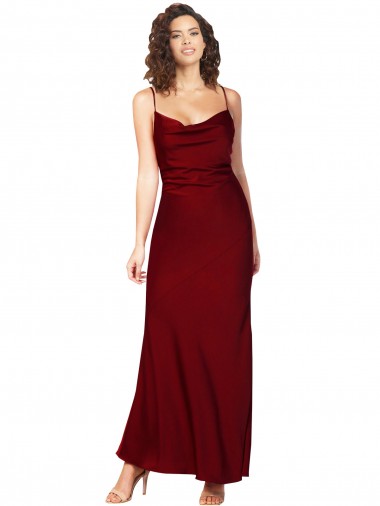 Best Cowl Neck Low Back Silky Satin Prom Dress with Thin Back Straps
