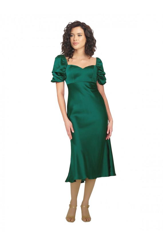 Best Ruched Sleeve Silky Satin Prom Dress
