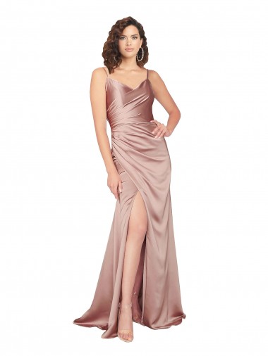Best Floor Length Silky Satin Prom Dress with Front Skirt Slit