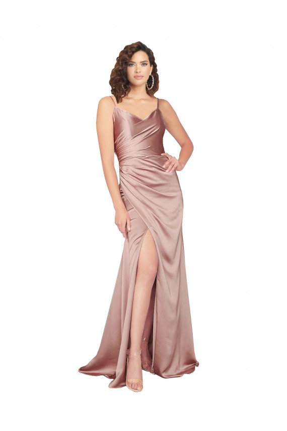 Best Floor Length Silky Satin Prom Dress with Front Skirt Slit