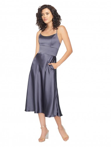 Best Midi Length Silky Satin Cocktail Prom Dress / Homecoming Dress with Open Tied Back