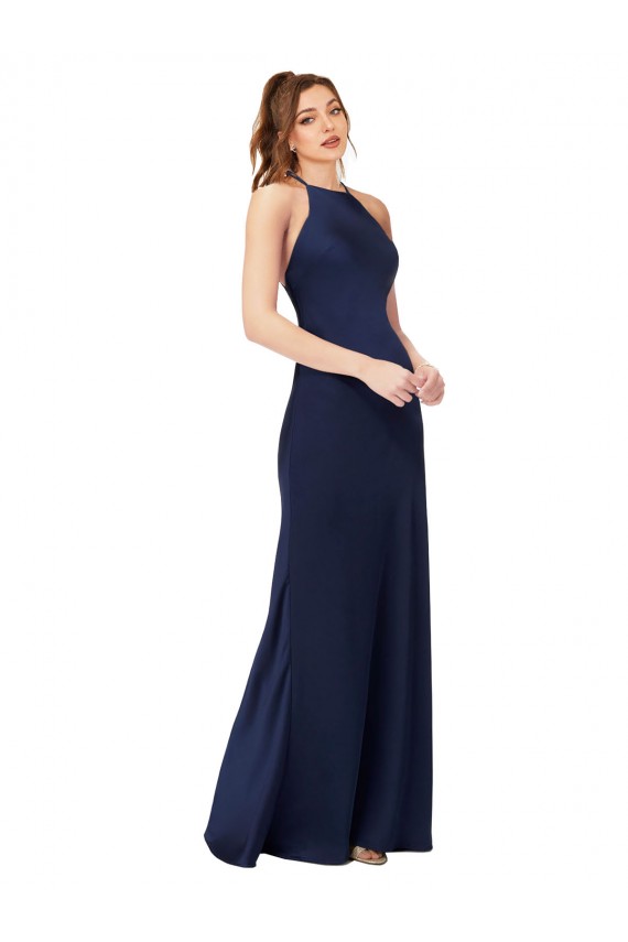 Best High Neck Satin Prom Dress with Strappy Back