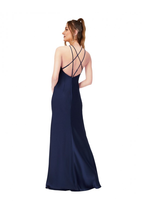 Best High Neck Satin Prom Dress with Strappy Back