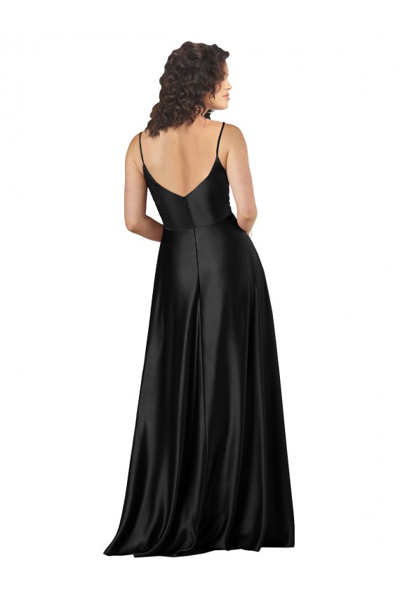 Best Full Length V-Neckline Silky Satin Prom Dress with Full Skirt