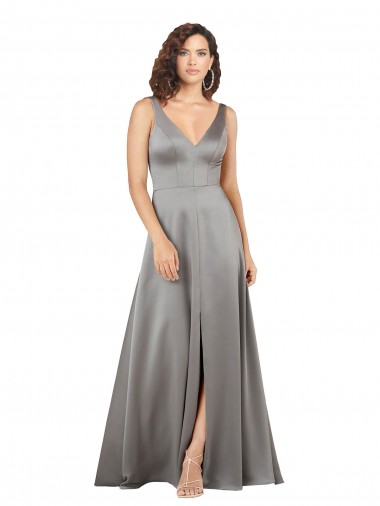Best Plunging V-Neckline Long A-Line Silky Satin Prom Dress
