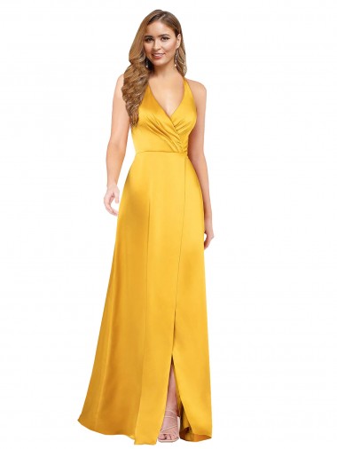 Best Halter A-Line Silky Satin Prom Dress with V-Neckline and Slit