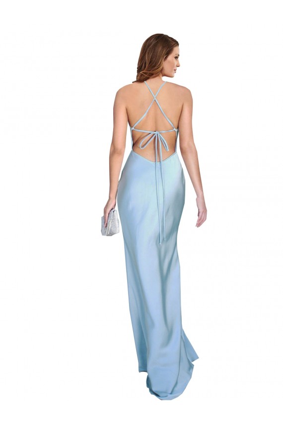 Best Open Back with Ties Cowl Neck Sheath Silky Satin Long Bridessmaid Dress