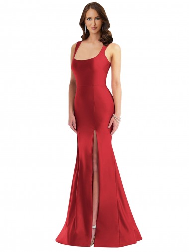 Best Square Neck Silky Satin Mermaid Prom Dress with Side Slit