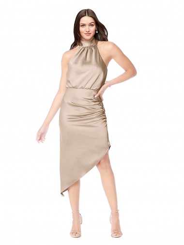 Best Silky Satin High Low Midi Length Cocktail Prom Dress / Homecoming Dress with Asymmetric Skirt