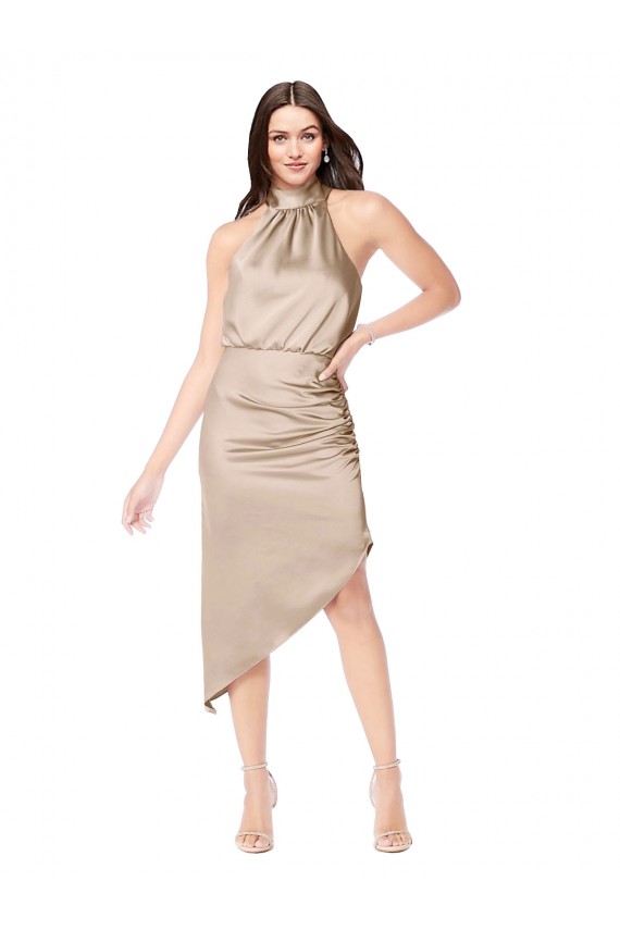 Best Silky Satin High Low Midi Length Cocktail Prom Dress / Homecoming Dress with Asymmetric Skirt