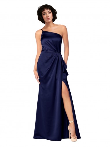 Best One Shoulder Silky Satin Prom Dress with Skirt Slit