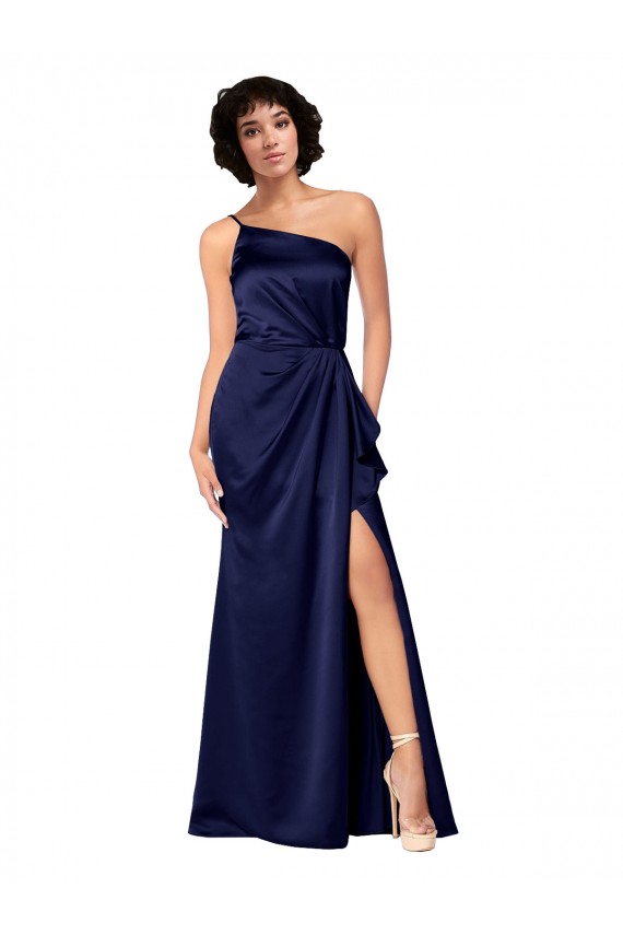 Best One Shoulder Silky Satin Prom Dress with Skirt Slit