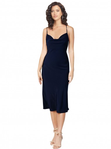 Best Short Midi Length Silky Satin Cocktail Prom Dress / Homecoming Dress with Cowl Neck and Cross Back Straps