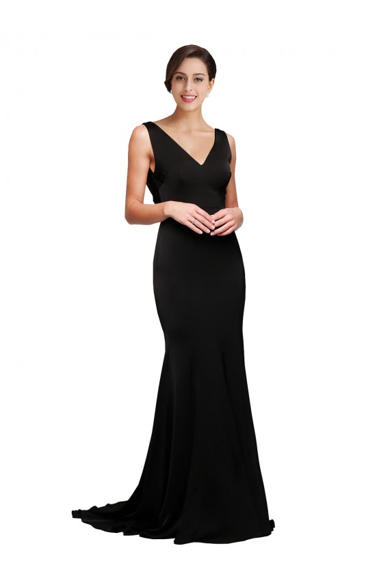 Best V-Neck Full Length Silky Satin Prom Dress with Soft Cowl Neck and Sweep Train