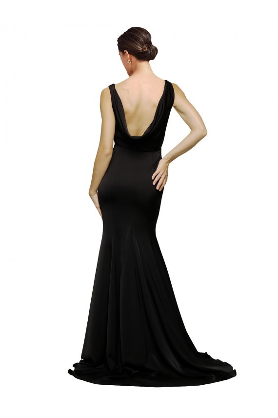 Best V-Neck Full Length Silky Satin Prom Dress with Soft Cowl Neck and Sweep Train
