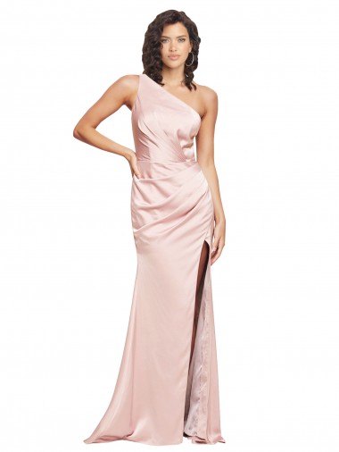 Best Full Length Ruched Silky Satin Prom Dress with Low Back and High Split