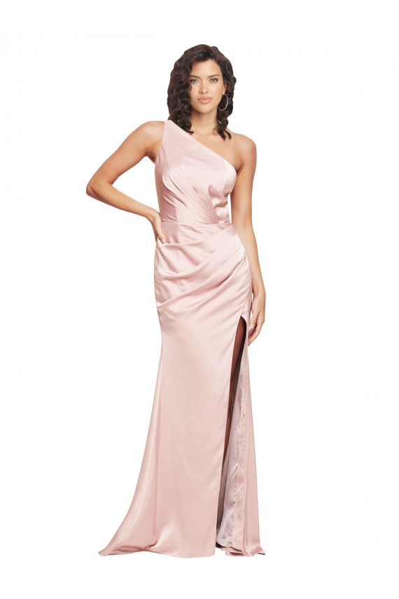 Best Full Length Ruched Silky Satin Prom Dress with Low Back and High Split