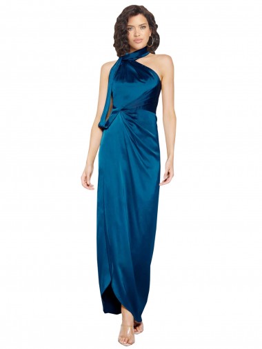 Best High Halter Neck Silky Satin Prom Dress with Sash Overlay and Side Split