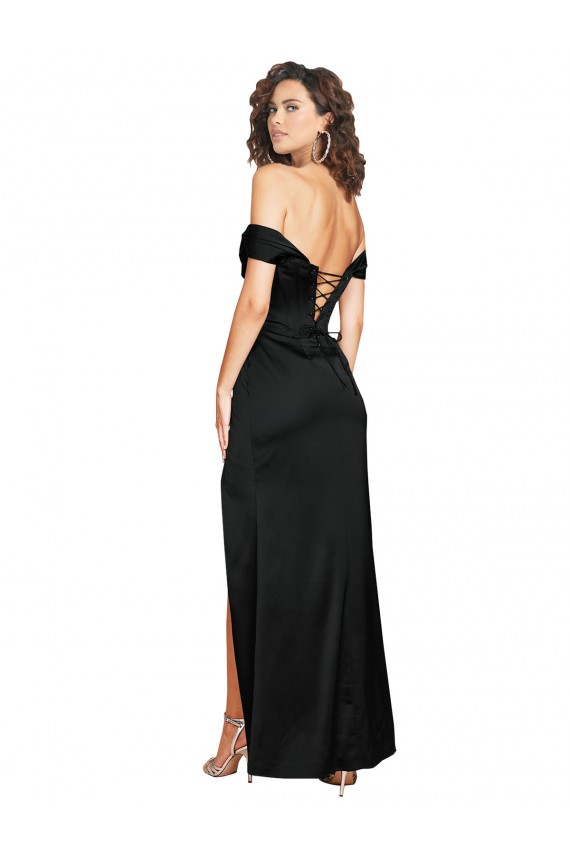 Best Fitted Sweetheart Neckline Silky Satin Prom Dress with Off the Shoulder Sleeves and High Slit