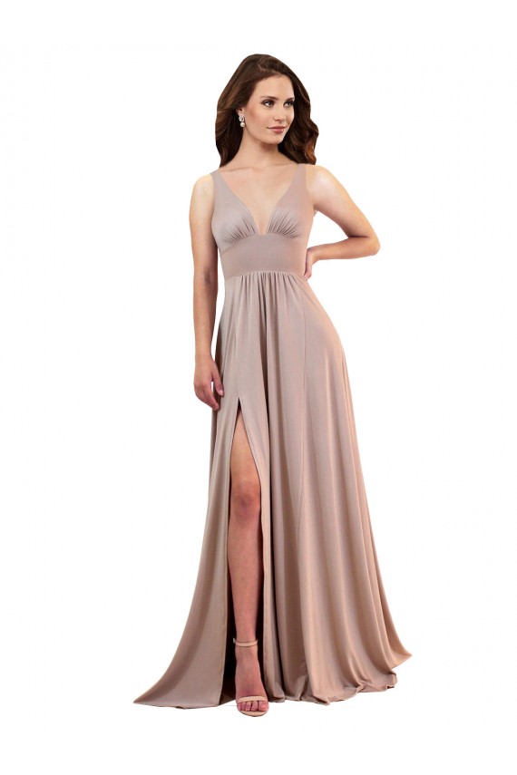 Best Long A-Line Plunge V-Neckline Spandex Prom Dress with Slit