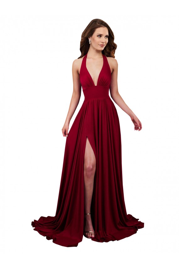 Best A-Line Halter Plunge V-Neckline Open Back Spandex Prom Dress with Slit