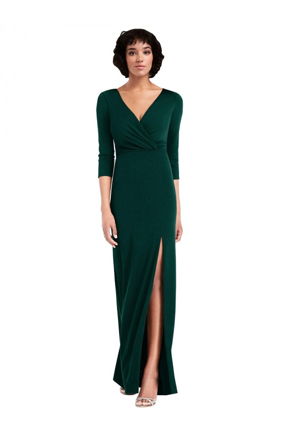 Best Floor Length 3/4 Sleeves V-Back Draped Wrap Maxi Spandex Prom Dress