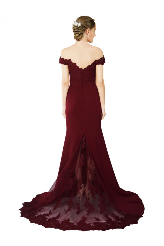 Best Full Length Off the Shoulder Formal Crepe Prom Dress with Lace On Bodice and Back