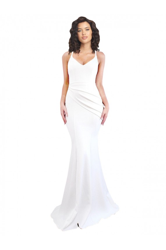Best Fishtail Shape Spaghetti Straps Open Back Crepe Prom Dress with Ruffles