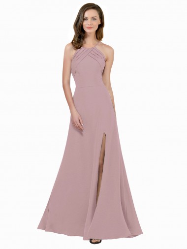 Best High Neck Crepe Prom Dress with Pleats and Keyhole Back